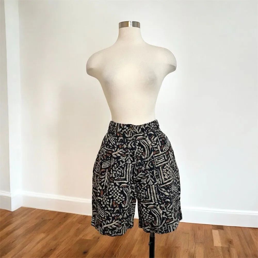 Vintage Black Brown Orange Bermuda Shorts 28” High Waisted Rise Geo Chino